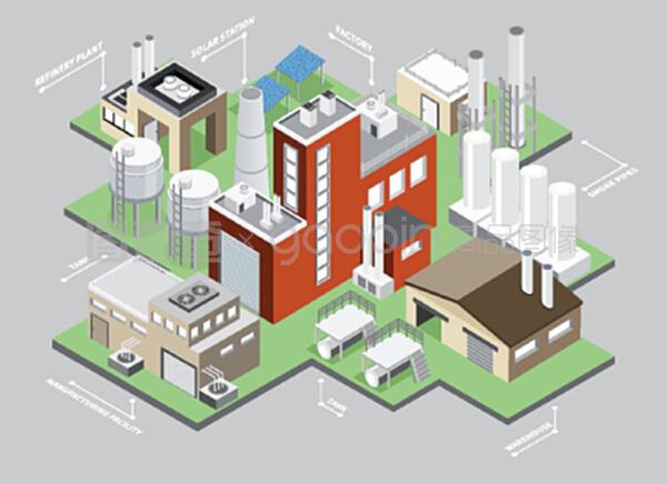 工业建筑等距信息集与工厂和仓库矢量插图